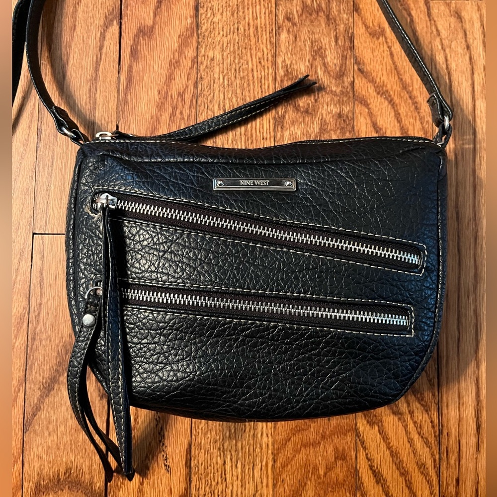 Nine West Black Leather Crossbody Bag Purse with Zipper Accents